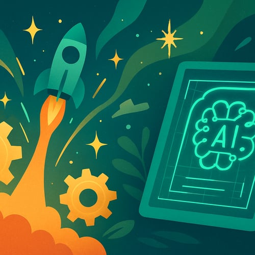 Futuristic illustration of a rocket launching and AI computing