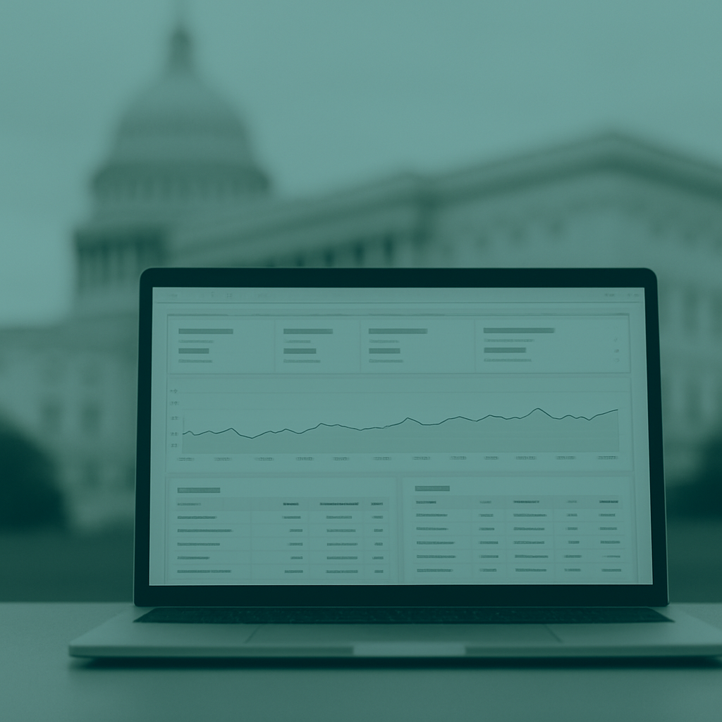 modern laptop displaying structured data with capital building in the background