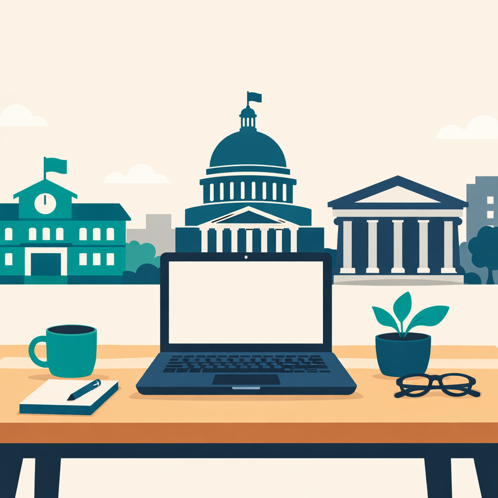 Minimal flat illustration wide horizontal hero banner format A  desk with an open laptop viewed from a slight distance surrounded civic buildings Use-2