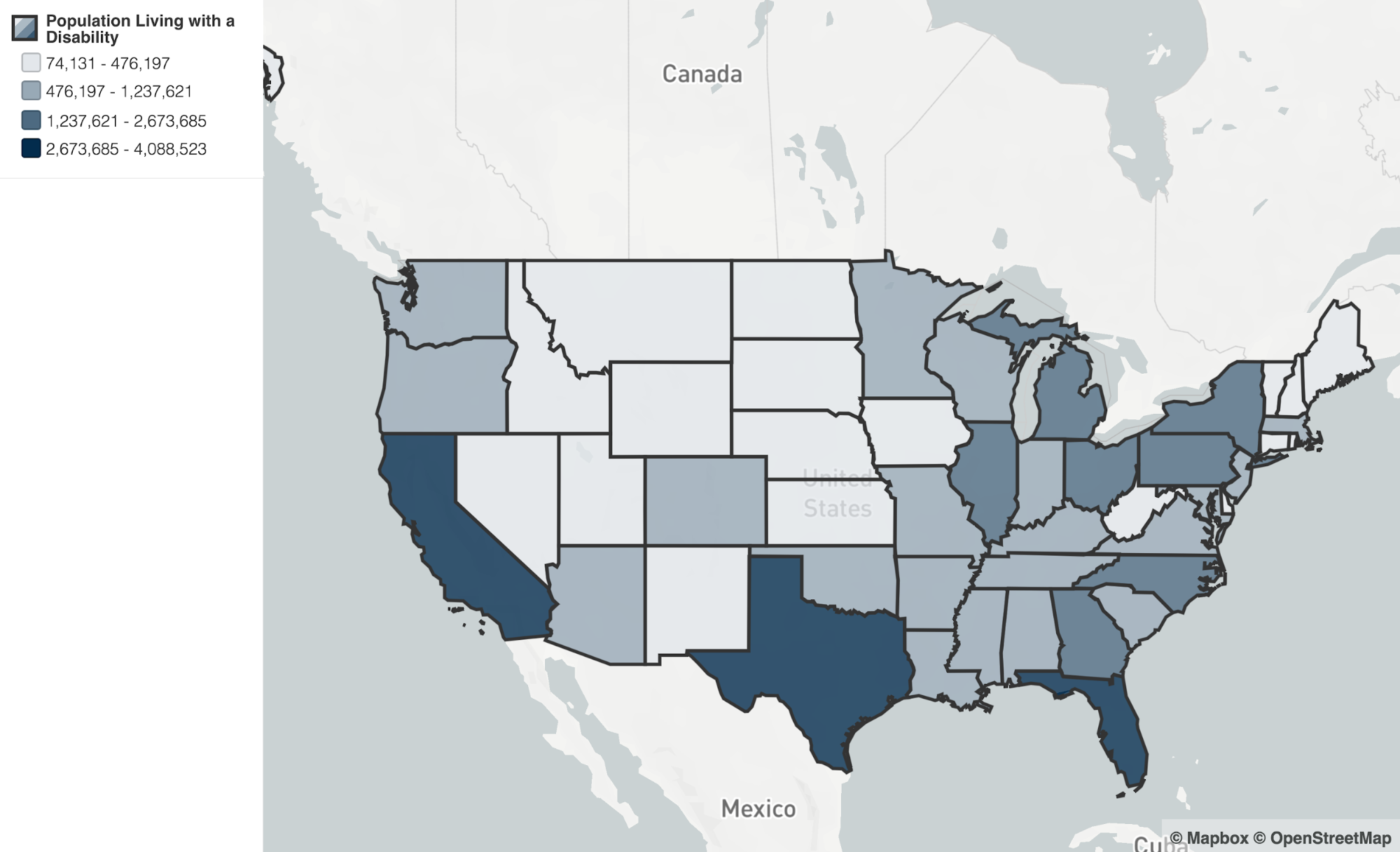   See the population of people living with a disability in your state.   Source: US Census 2013-2017 ACS.  