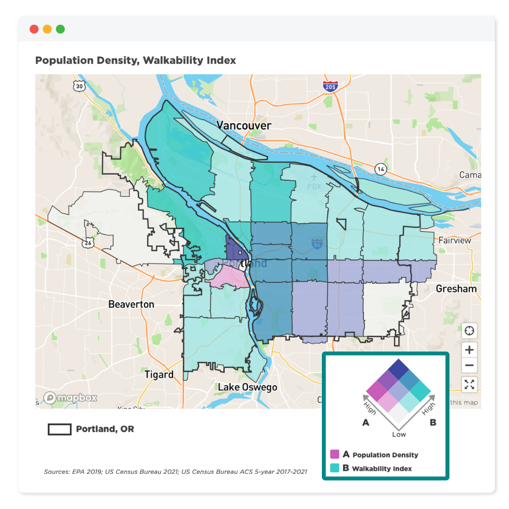 Browser window featuring a bivariate map featuring Portland, Oregon's Population Density and Walkability Index.