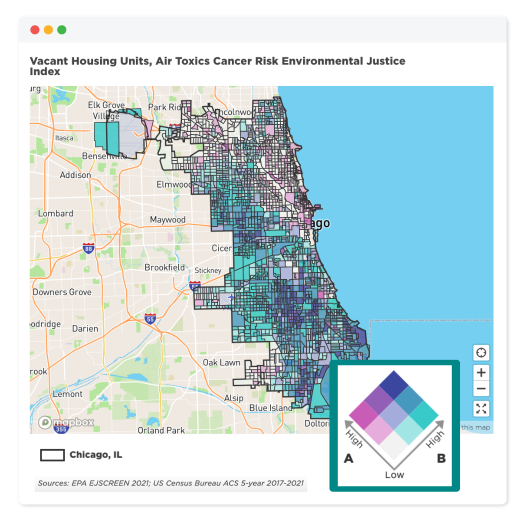 Browser window featuring a bivariate map featuring Chicago, Illinois' vacant housing units and air toxic cancer risk environmental justice index.