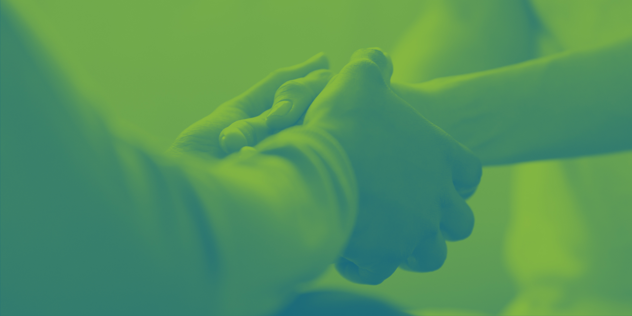 Close up of two people holding hands in support of one another covered by a green and teal duotone gradient